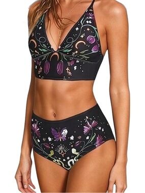 Bikini Set High Waisted Tummy Control V Neck Witchy Celestial Floral 1287/bb10-1